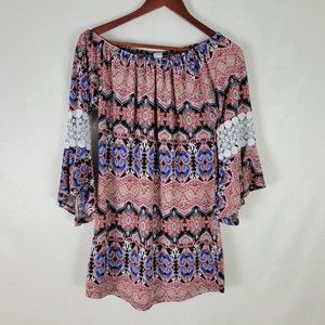 Win Win Shirt Women S - M Tunic Top Boho Pinwheel Crochet Long‎ Sleeve Boat Neck